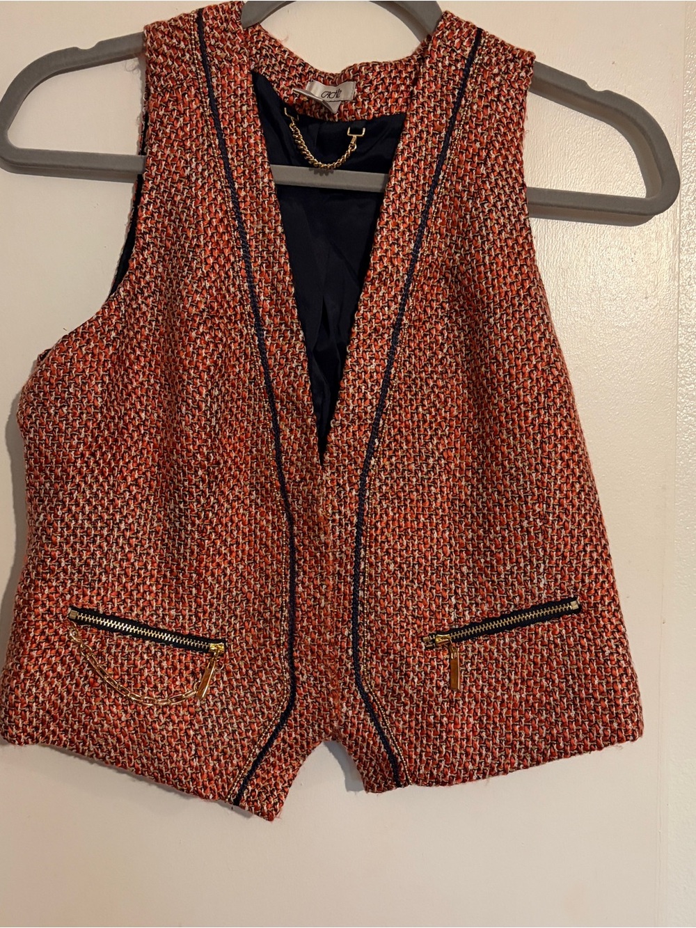 Cache Orange Multi Tweed Vest with Gold Zipper Trim